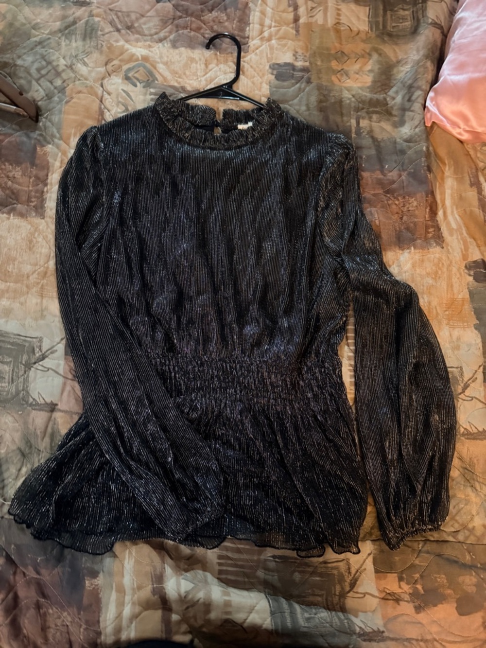 Metallic Black Long-Sleeve Peplum Top